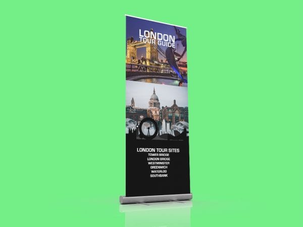 Standard roller banner stand showing retractable pull-up display with professional graphics and portable base