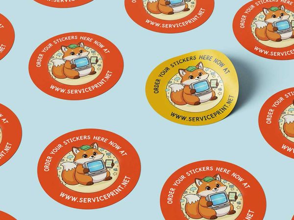 Circle stickers printing showing vibrant full colour designs with professional die-cut finishing and premium adhesive