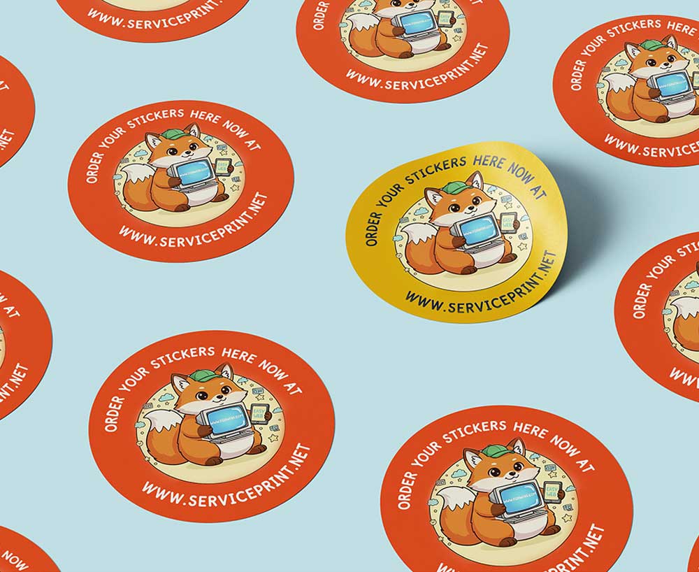 Circle stickers printing showing vibrant full colour designs with professional die-cut finishing and premium adhesive