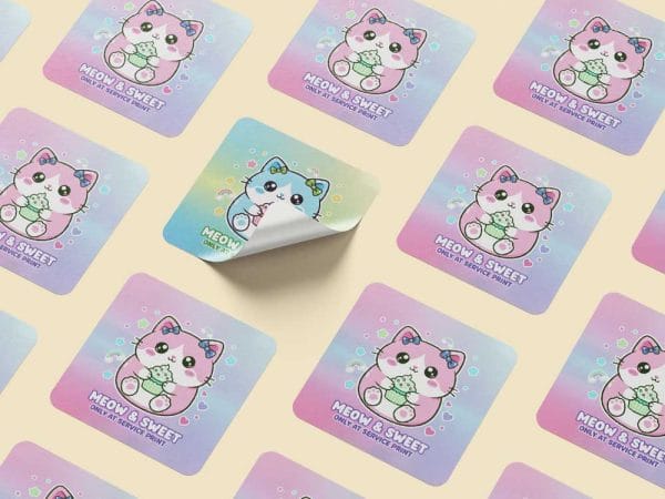 Square stickers with rounded corners printing samples showing vibrant full colour designs and professional die-cut finishing